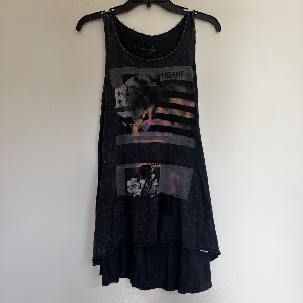 We The Free Free People Heart Beat Graphic Tank Top Acid Wash Black XS